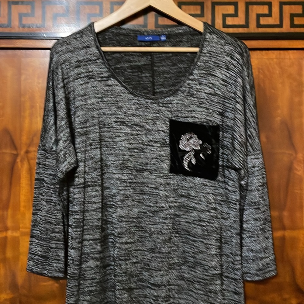 Apt 9 Women's L Black Gray Marled Long Sleeve Top Floral Pocket Stretch Casual - Picture 8 of 15